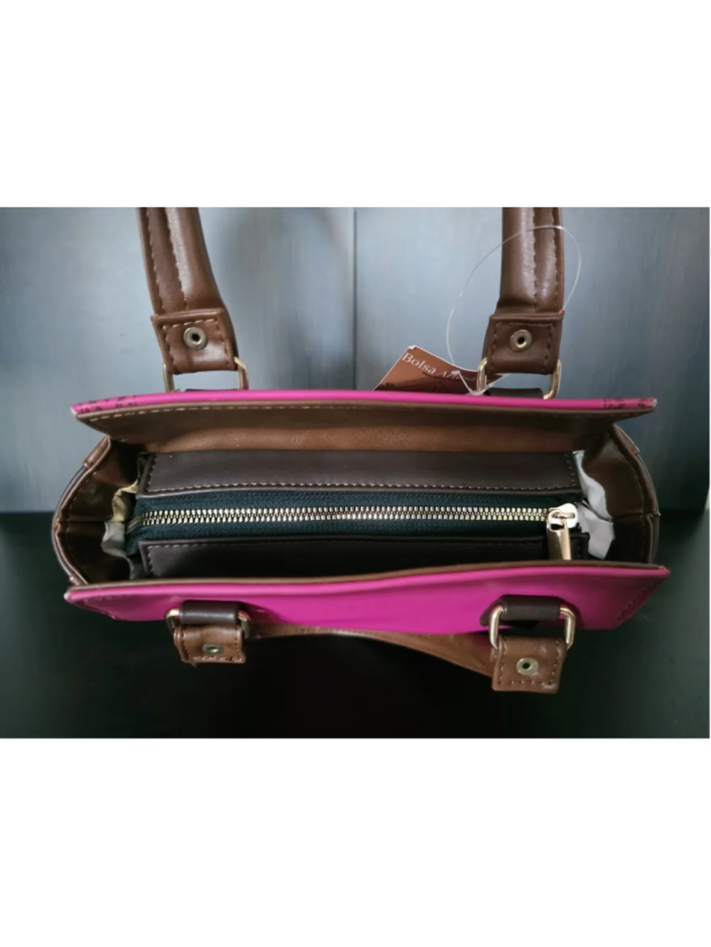 Mexican Hummingbird Embossed VEGAN Leather Handbag – Magenta Pink & Cognac Brown